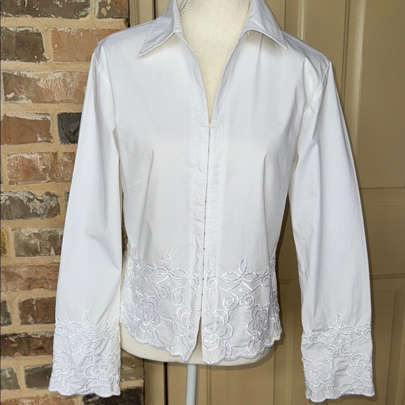Crossing Pointe White Long Sleeve Embroidery Embellished Button Down Shirt Sz L - Picture 11 of 11